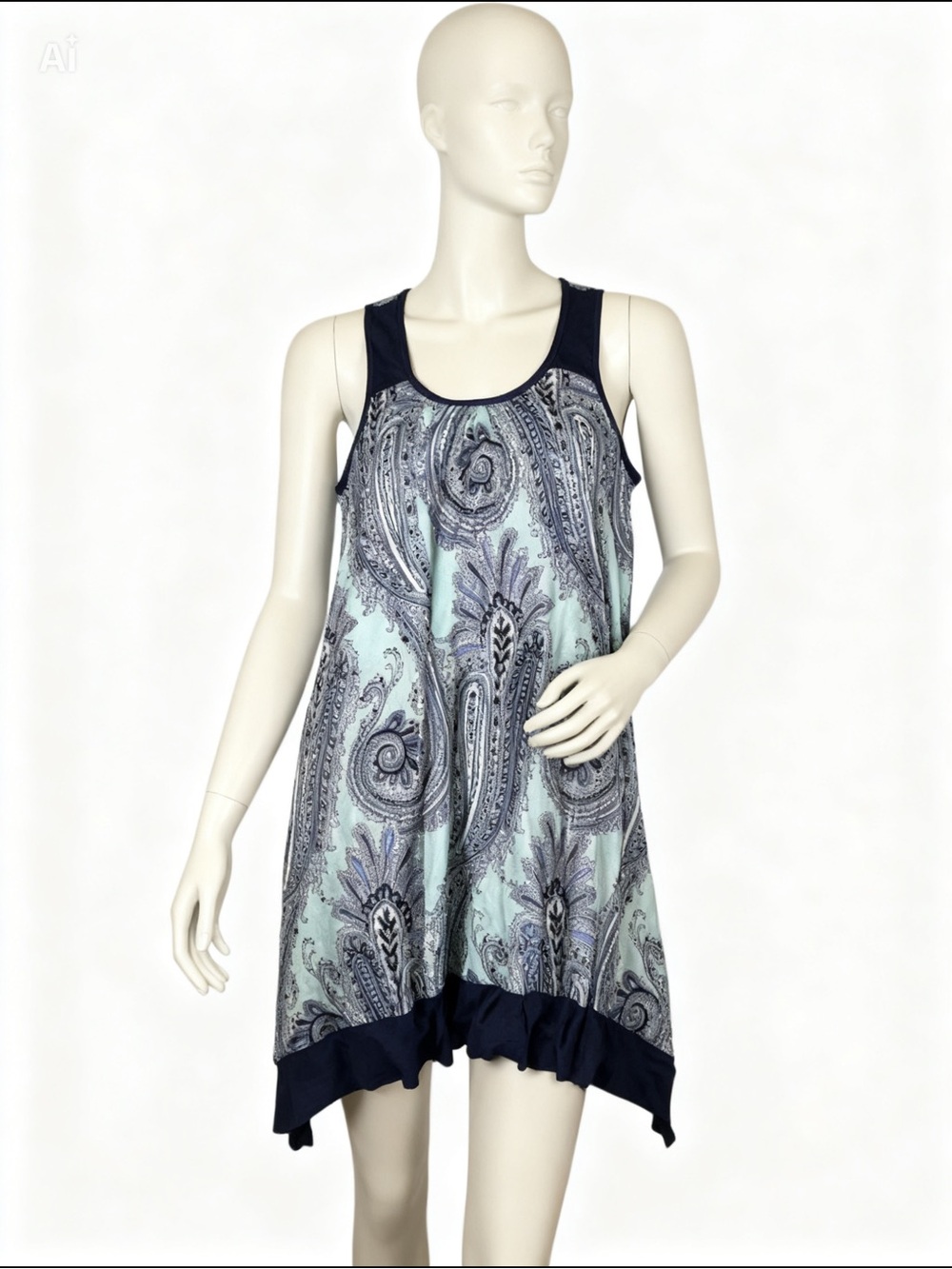 Body Touch Lounge Paisley Swing Tank Dress with Navy Trim - Mint & Navy Size L